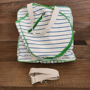 Bolso de lona Ame & Lulu Hamptons Tennis Tour blanco verde con rayas azules 16x16x6 - Imagen 1 de 11
