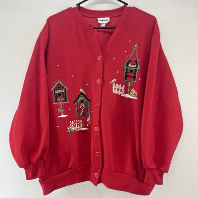 Винтажный громоздкий рождественский свитер BonWorth мир любовь радость кардиган красный уютный сердечник - Изображение 1 из 4