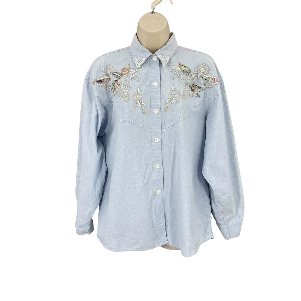 Camisa ocidental Jane Ashley feminina boho retrô enfeitada lantejoulas colarinho pérola tamanho M - Imagem 1 de 4