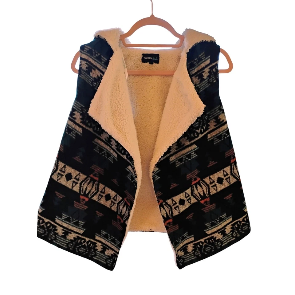 TAKARA NIÑAS L Azteca Sherpa Chaleco Sin Mangas Plumero Chaqueta Frente Abierto Boho Acogedor Foto 1 de 4