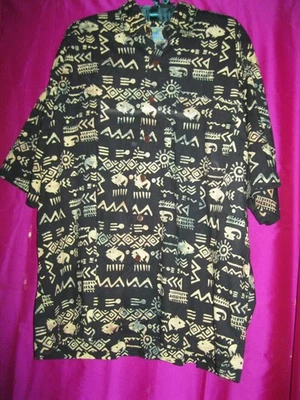 MUTIARA ART BALI LABEL, MEN'S COTTON SHIRT, BLACK W/ FISH DESIGNS, SZ.L/XL,BATIK - Image 1 of 4