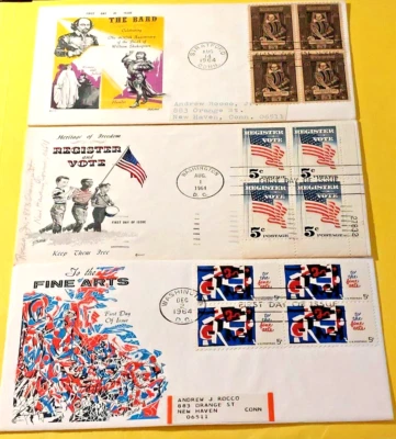Fine Arts/The Bard/Register and Vote FDI 5c 1964 Envelopes Lot of 3 - Image 1 of 4