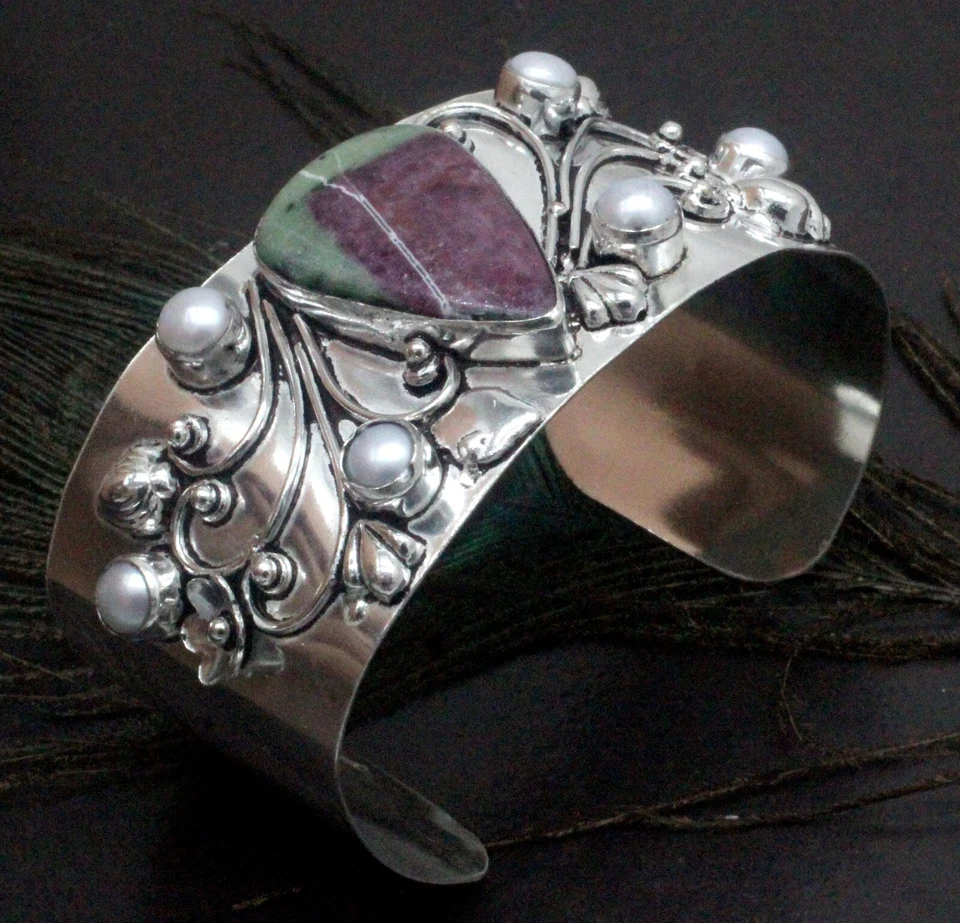 925 Sterling Silver Ruby In Zoisite & Pearl Gemstone Jewelry Cuff Bracelet S-ADJ - Image 1 of 4