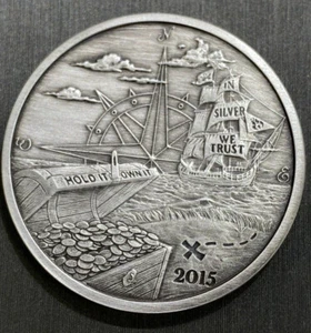 2015 Silverbug Ship Round Bullion 1 Oz .999 Silver Galleon Antiqued Silver Coin - Picture 1 of 6