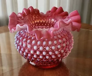 Jarrón de Vidrio Grande Opalescente Fenton Rosa Arándano Hobnail Doble Volante - Imagen 1 de 6
