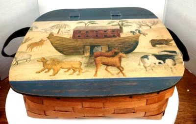 VTG Woven Wood Decoupage Noah's Ark Lid w/Handles Hinge Top Home Décor Basket - Image 1 of 4