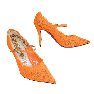 GUCCI Orange Virginia 95 mm Lace Pumps Mary Jane Pointed Toe Women's EU 37 US 7 - Image 1 of 4