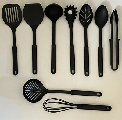 VTG Set of 9 Calphalon 14" Black Nylon Cooking Utensils 400 Degrees Made in USA - Image 1 of 4