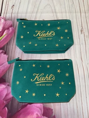 Lot Of 2 Kiehl's Since 1851 Holiday Cosmetic Makeup Bag Pouch Velvet Green 8.5x6 - Image 1 of 3