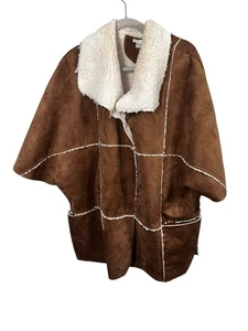 Chico’s Brown Faux Suede Shearling Cape Jacket Size 2/3 Sherpa Lined Poncho - Picture 1 of 4