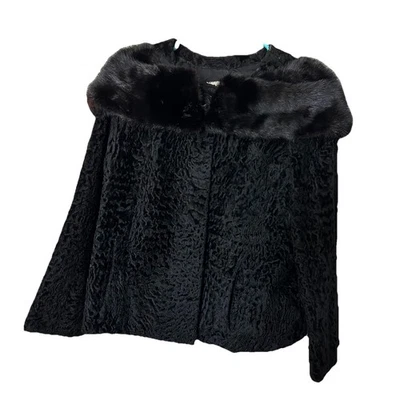 复古毛皮夹克,尺寸小号女式外套压碎羊肉粉红色领袖口黑色  — 第 1/4 张图片