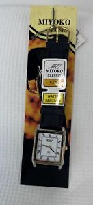 Vintage MIYOKO Quartz Rectangle Gold Case with Black Leather Watch Japan