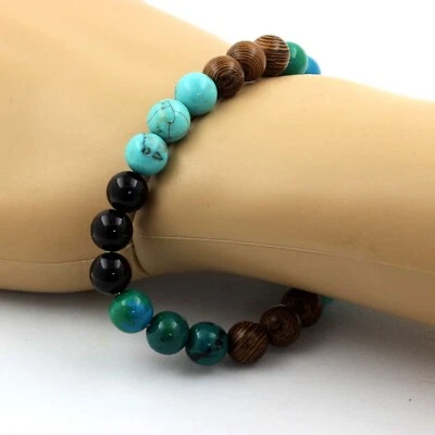 Chrysokoll + Türkis + Schwarze Achat + Holz. Armband Aus Naturperlen - Bild 1 von 4