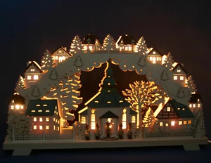 3D Schwibbogen Seiffener Kirche & Laternenkinder 68cm Erzgebirge Lichterbogen - Bild 1 von 2