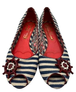 Poetic Licence Anchors Aweigh Wedge Open Toe Flats 6M Nautical Red Beige Blue - Picture 1 of 15