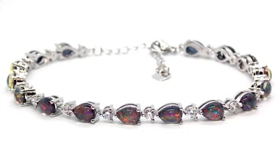 Brazalete Tenis Ajustable Plata Negro Ópalo de Fuego y Diamante 12.48ct (Caja Gratis) Foto 1 de 4