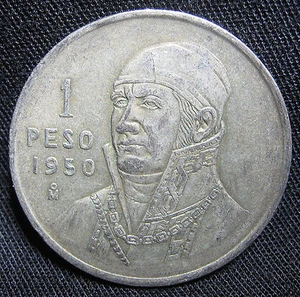 1950 30% plata mexicana 1 peso - moneda de lingotes redonda jose maria morelos méxico - Imagen 1 de 2