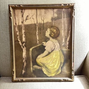 Antique Lithograph SPRING SONG Blind Girl by Simon Glucklich 15x18 VINTAGE ART - Picture 1 of 18