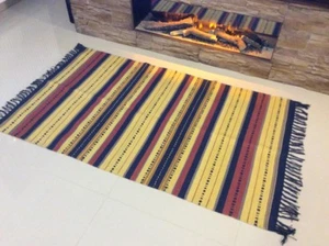 ALFOMBRA REVERSIBLE DE ALGODÓN Durrie azul marino y amarillo a rayas 90x150 cm - Imagen 1 de 7