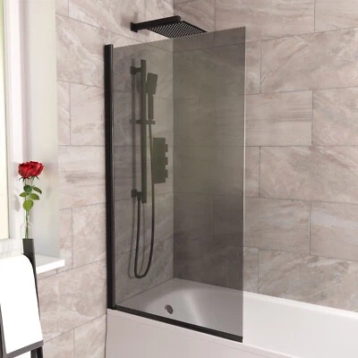 NES HOME 800mm Square Bath Screen Matt Black Profile Grey Tinted Glass Reversible | Sky