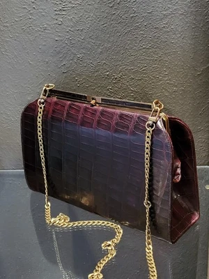 Vintage 50s Unbranded Oxblood Alligator Bag With An Upcycled Brass Chain Strap - Image 1 of 4
