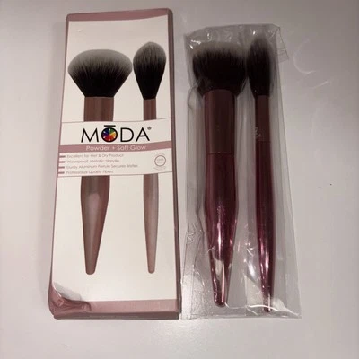 Moda Powder + Soft Glow Makeup Brush Set Metallic Pink NEW - Image 1 of 2