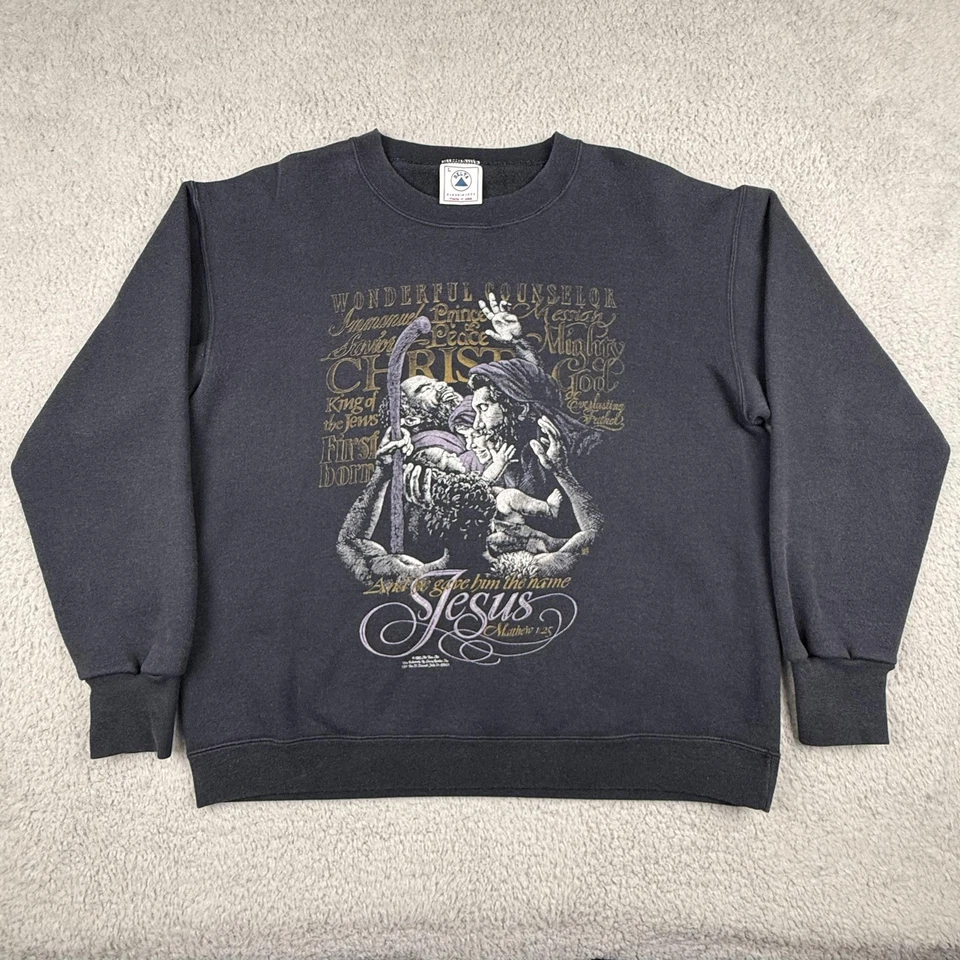 Vintage Jesus Sweatshirt Men Large Black Delta Tag USA Bible Crewneck  90s 1995 - Image 1 of 4