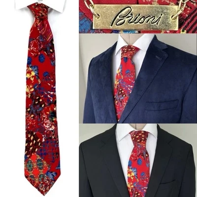 Галстук Brioni шелковый мужской 3 7/8x 63 XL красный желтый синий цветочный 100% шелк Италия - Изображение 1 из 4