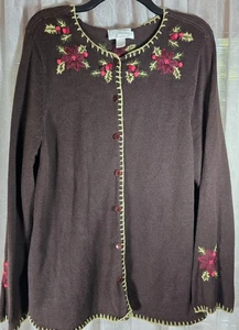 CJ Banks Women Hand Embroidered Floral Brown Long Sleeve Cardigan Sweater Sz 1X - Picture 1 of 14