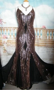 Prom Dress 10 Black Gold Sequin NEW Ballgown GODDIVA Fishtail Deco Godet Stretch - Picture 1 of 11