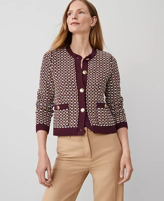NEW ANN TAYLOR $139 PLUM COMBO TWEED STITCH SWEATER JACKET SZ M MEDIUM - Image 1 of 3