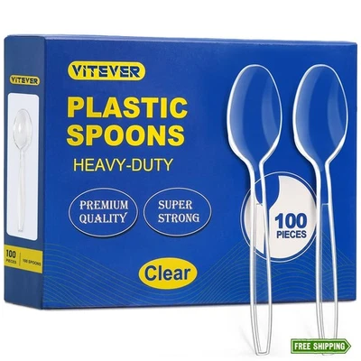 [100 unidades] Cucharas de plástico transparente de alta resistencia, cucharas desechables premium, duraderas Foto 1 de 4