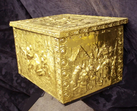 Vintage Antique Old Brass Clad Wood Wooden Storage Cabinet Chest Trunk Box Bin Cover