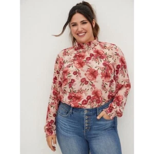 Torrid Womens Top Blouse Sheer Pink Floral Lightweight Mock Neck Size 3/3X - Picture 1 of 10