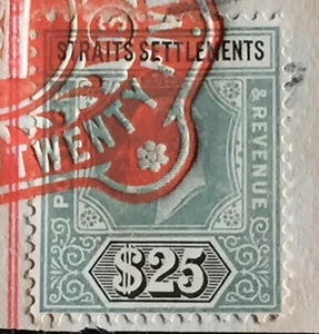 MALAYA STRAITS SETTLEMENTS 1906 KEVII FISCAL REVENUE $25 Used SG#139 M3264 - Picture 1 of 3