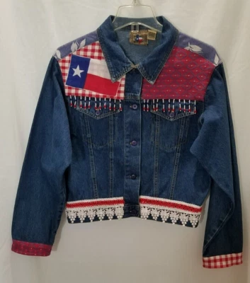 НЕ СВЯЗЫВАЙТЕСЬ С ТЕХАС ПАТРИОТИЧЕСКИЙ ДЖИНСОВОЙ КУРТКИ СИНИЙ, КРАСНЫЙ И БЕЛЫЙ РАЗМЕР MED #2398 - Изображение 1 из 4