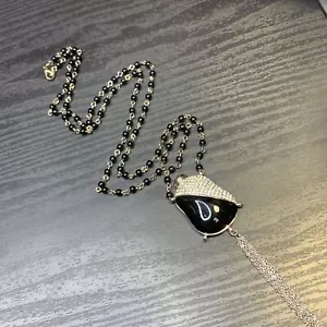 Strass Böhmische Faux Gift Flasche Micro Pave Schwarz Perlen Anhänger Halskette - Bild 1 von 11