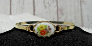 Vintage 1970s Avon Gold Toned Floral Porcelain Hinged Bracelet - Picture 1 of 5