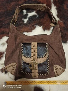 JUST CAVALLI BAG BORSA A MANO VERA PELLE camoscio e cavallino FUR OLOGRAMMA - Foto 1 di 12