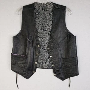 Vintage Leather Biker Vest Black Moto Snap Buttons Lace-up Sides Unisex - Picture 1 of 13