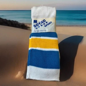 VTG Striped Tube Socks Soyad Orlon Acrylic Sports 7-11 NOS 1980s Yellow/Blue - Picture 1 of 7
