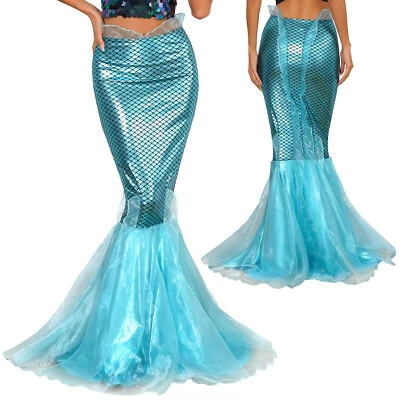 Womens Halloween Mermaid Tail Cosplay Costume Shiny Metallic Maxi Long Skirts - Image 1 of 3