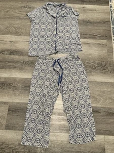 Soma Cool Nights Schlafanzug Gr. L Rankgitter Kurzarm Capri 2-teilig Knopfleiste blau - Bild 1 von 6
