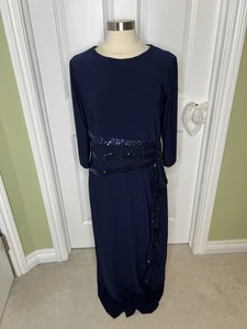 R&M RICHARDS Maxi Dress Gown Navy Blue Stretch Knit Ruffle Sequins Sz 14 Evening - Picture 1 of 12