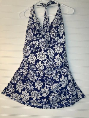 L.L.Bean Women's 12 Floral Blue Print Shaping Halter Swim Dress UPF 40+ - Image 1 of 4