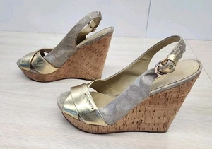 Coach Gold Metallic Logo Canvas Cork Wedge Sandals Womens 7B Slingback Peep Toe - Picture 1 of 18