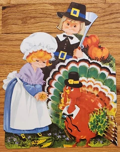 Eureka Pilgrims & Turkey Thanksgiving Fall Die Cut 1970s - Picture 1 of 1