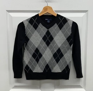 EUC Boys GAP Black & Gray Argyle V-neck Sweater, Size Small (6-7) - Picture 1 of 12