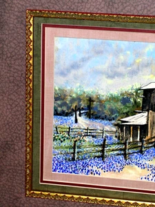 Bluebonnet Landscape Stormy clouds Barn Cactus Fence Birds in Sky Matted Framed - Picture 1 of 11