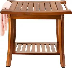 Teak Shower Bench Seat with Handles Portable Wooden Spa Bathing Stool with Stora - Picture 1 of 8